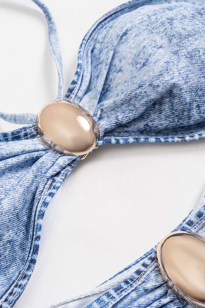 Denim Illusion Tie-Down One Piece Swimsuit