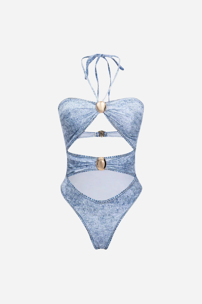 Denim Illusion Tie-Down One Piece Swimsuit