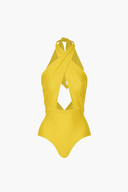 Traje de baño y pareo amarillo tropical