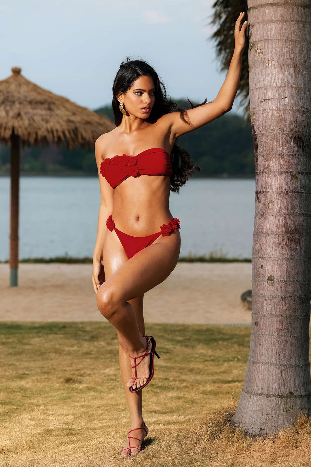 3D Flower Ruched Tie Back Bikini Set