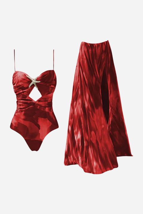 Crimson Tide – One-Piece Swimsuit & Wide-Skirt Set
