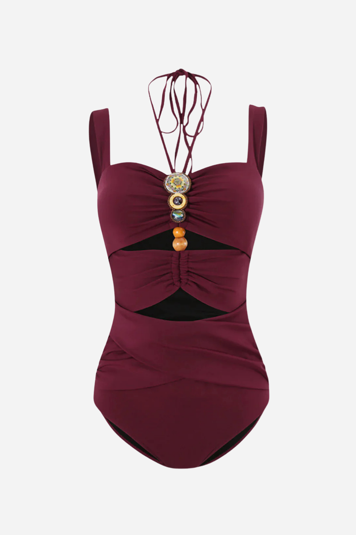 Amara – Burgundy One-Piece Swimsuit & Skirt Set