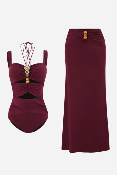 Amara – Burgundy One-Piece Swimsuit & Skirt Set