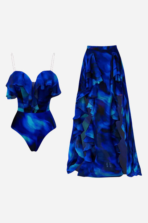 Céline – Ruffled One-Piece Swimsuit & Skirt Set