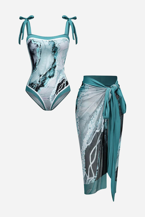 Patterned One Piece Swimsuit and Pareo Set