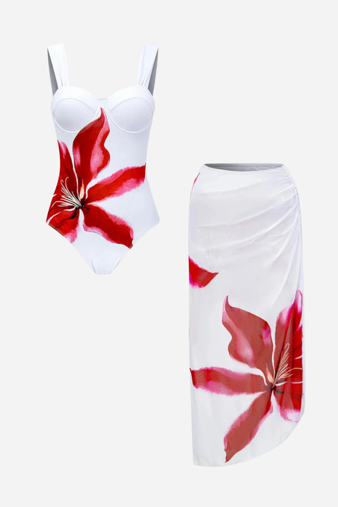 Red Bloom One Piece Swimsuit and Pareo Set
