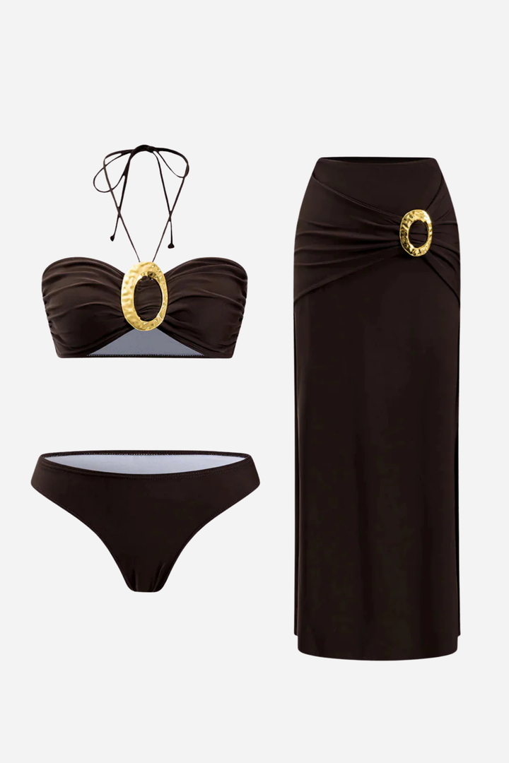 Metallic Ruched Tie Up Bikini And Cover Swimsuit Set