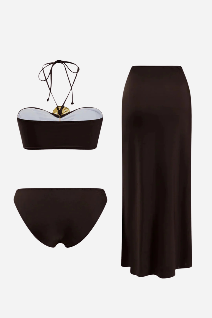 Metallic Ruched Tie Up Bikini And Cover Swimsuit Set