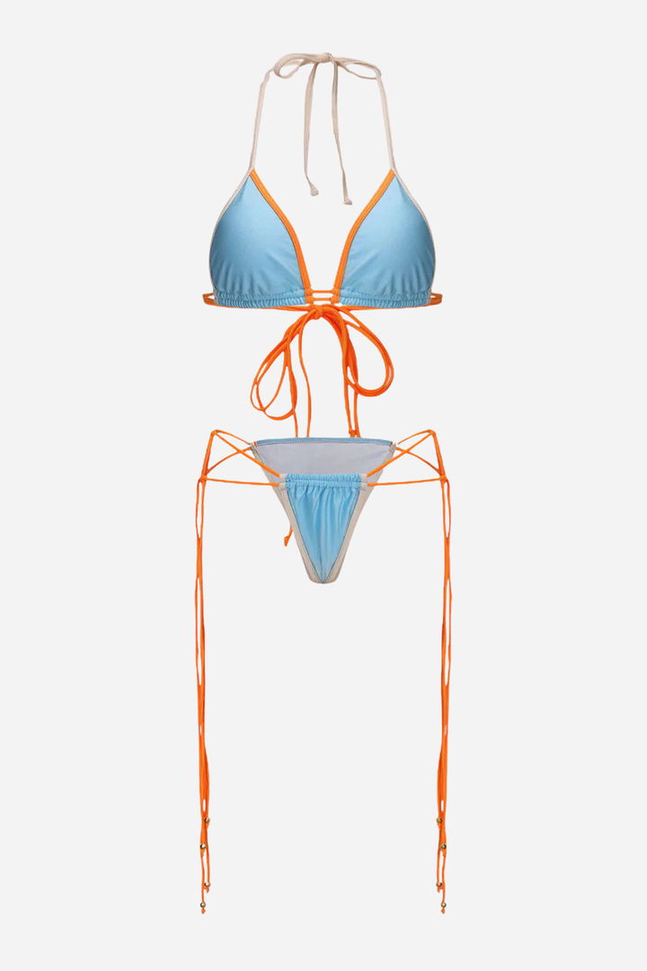 Contrast Ruched Tie-Up Bikini Set