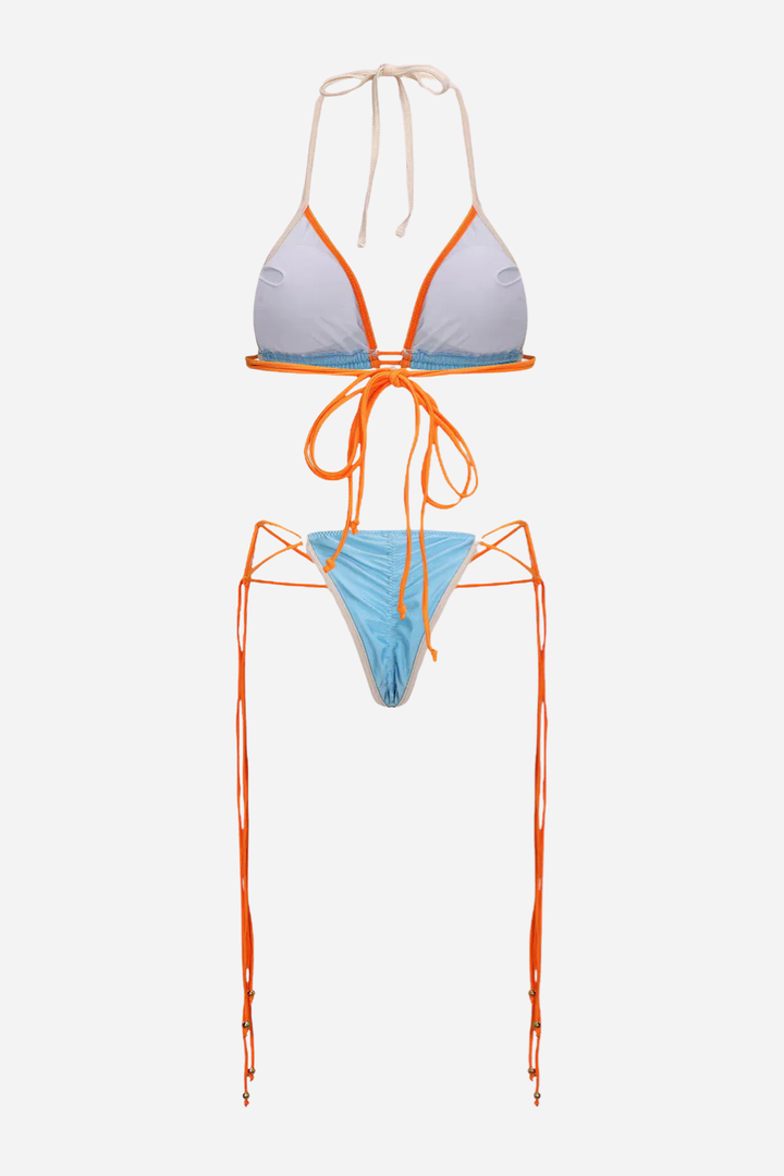 Contrast Ruched Tie-Up Bikini Set