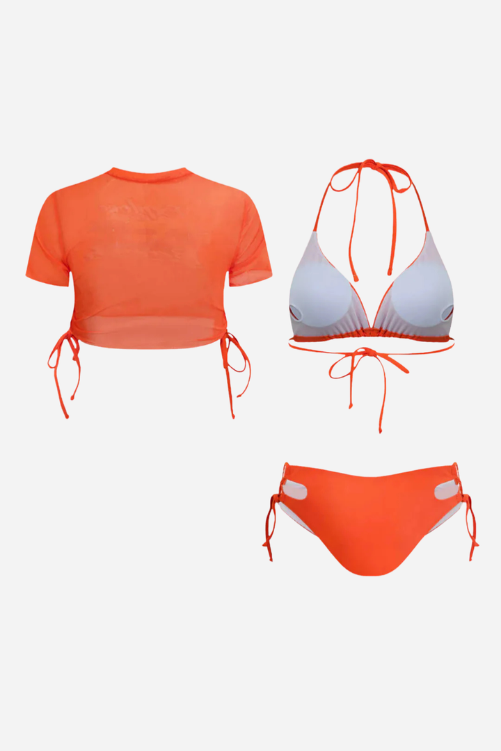 Print T-shirt And Tie Halter Bikini Set