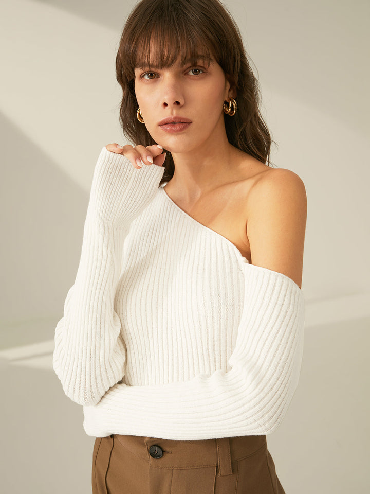 One Shoulder Long Trendy Sleeve Ribbed Pullover Kazak