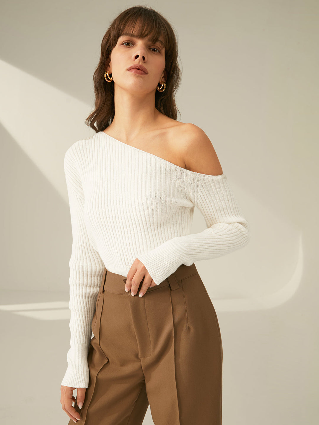 One Shoulder Long Trendy Sleeve Ribbed Pullover Kazak