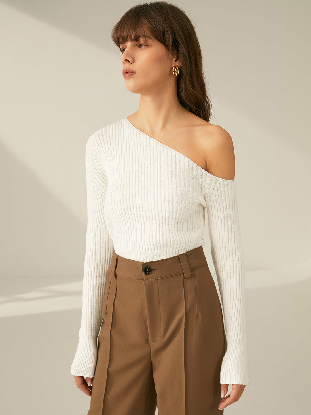 One Shoulder Long Trendy Sleeve Ribbed Pullover Kazak