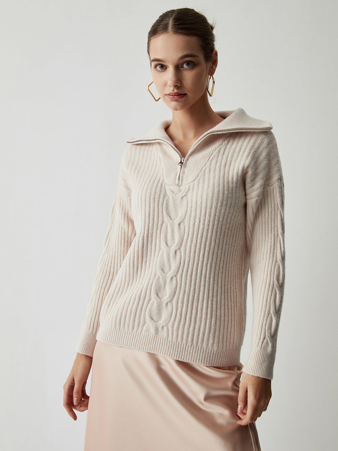 Cable Knit Open Trendy Collar Half Zip Kazak