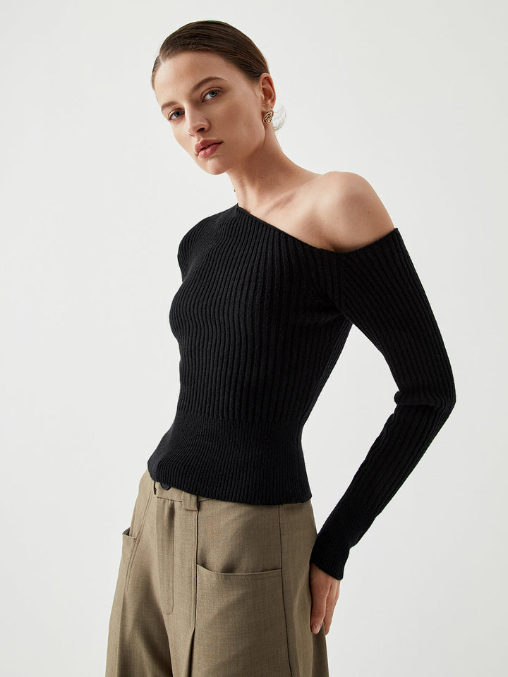 One Shoulder Long Trendy Sleeve Ribbed Pullover Kazak