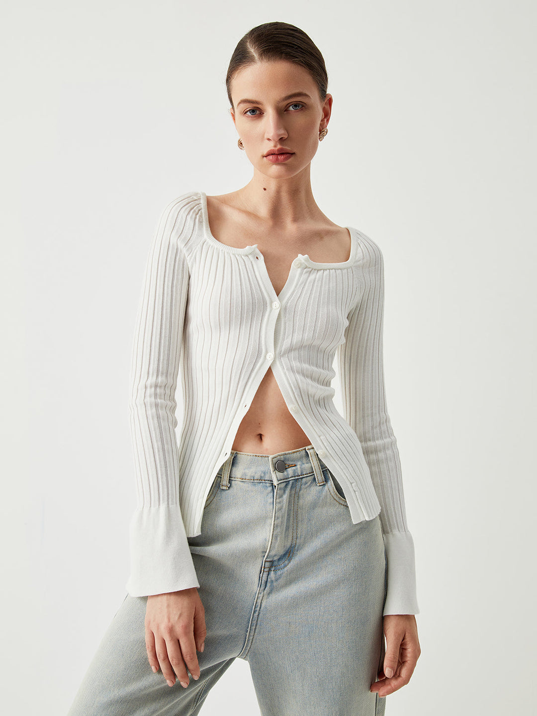 Square Neck Ribbed Trendy Knit Button-down Kazak