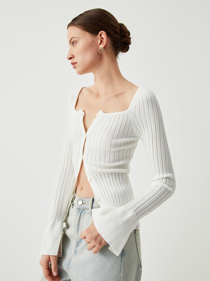 Square Neck Ribbed Trendy Knit Button-down Kazak