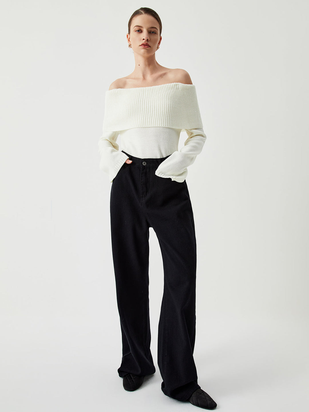 Knit Ribbed Graceful Overfold Off-Shoulder Kazak