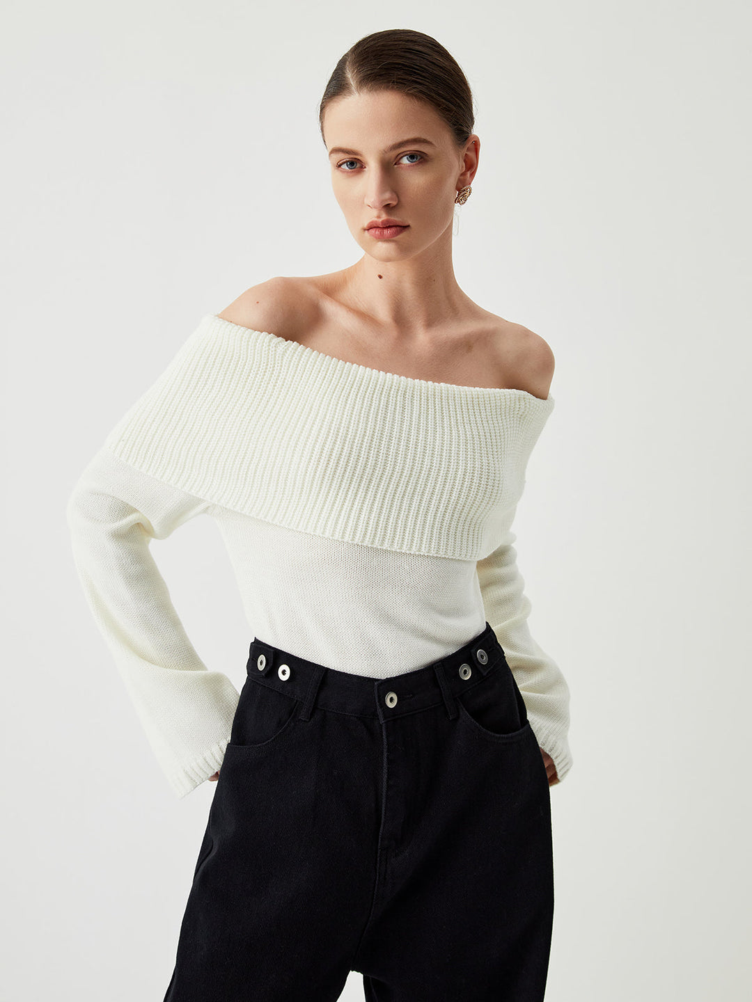 Knit Ribbed Graceful Overfold Off-Shoulder Kazak