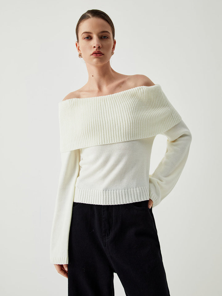 Knit Ribbed Graceful Overfold Off-Shoulder Kazak