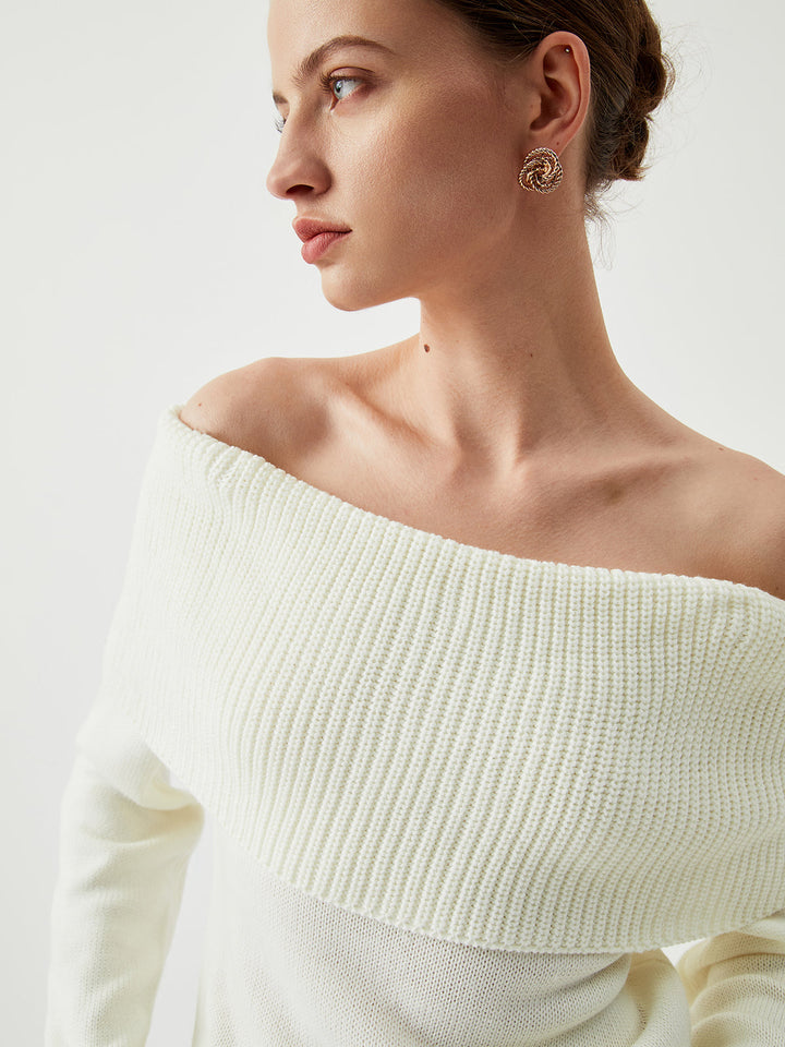 Knit Ribbed Graceful Overfold Off-Shoulder Kazak