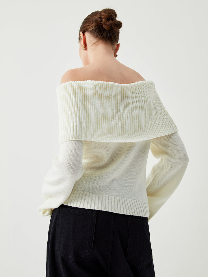 Knit Ribbed Graceful Overfold Off-Shoulder Kazak