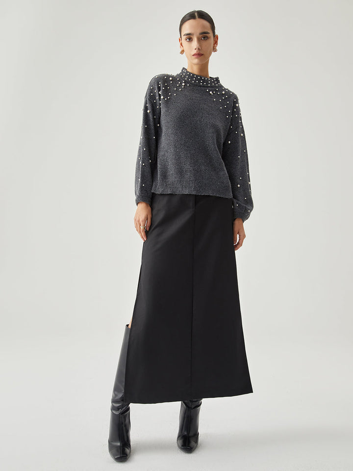 Pearl Embellished Graceful Mock Neck Kazak