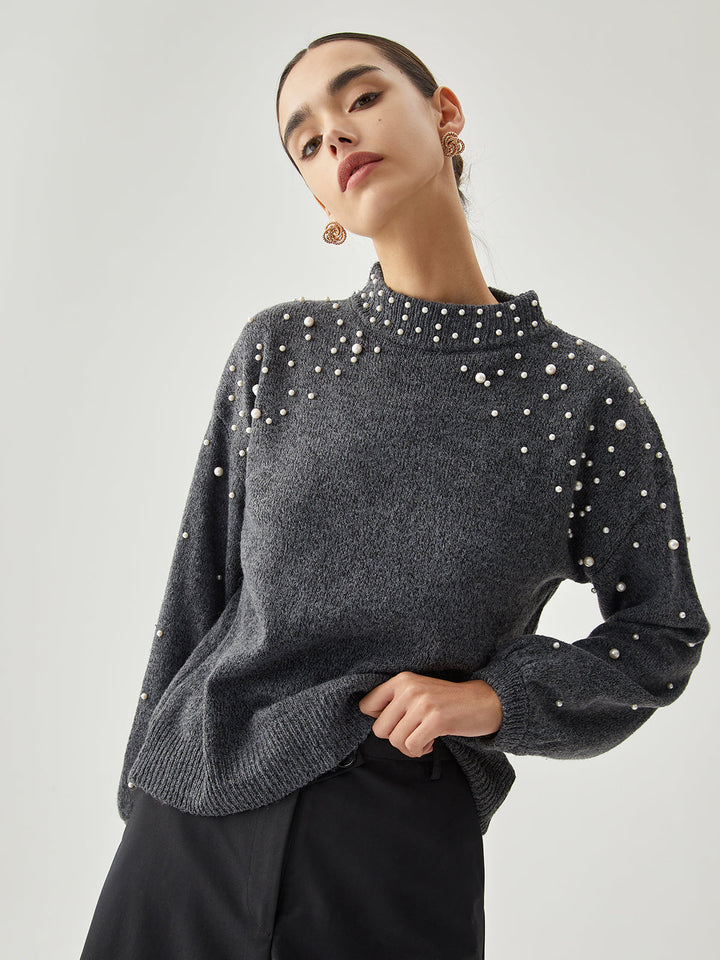 Pearl Embellished Graceful Mock Neck Kazak