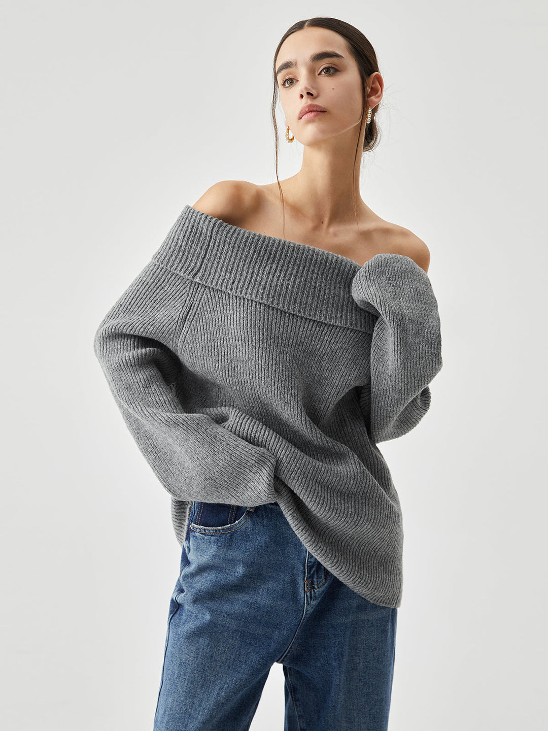 Oversized Overfold Off Trendy Shoulder Knit Kazak