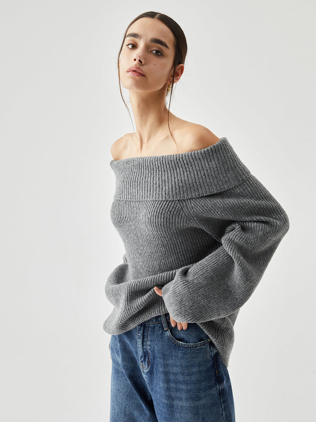 Oversized Overfold Off Trendy Shoulder Knit Kazak