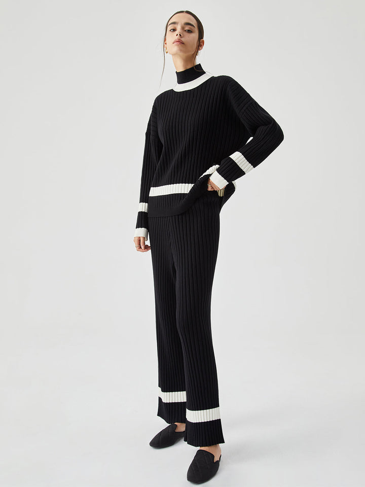 Ribbed Knit Contrast Trendy Trim Mock Neck Kazak