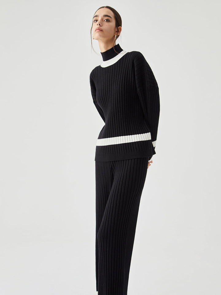 Ribbed Knit Contrast Trendy Trim Mock Neck Kazak