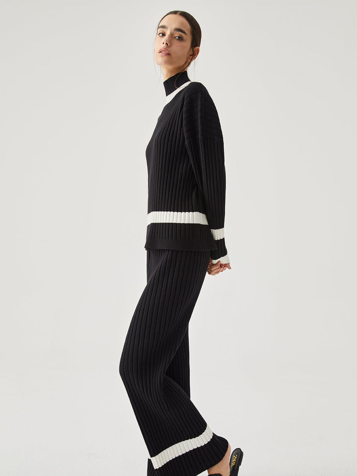 Ribbed Knit Contrast Trendy Trim Mock Neck Kazak