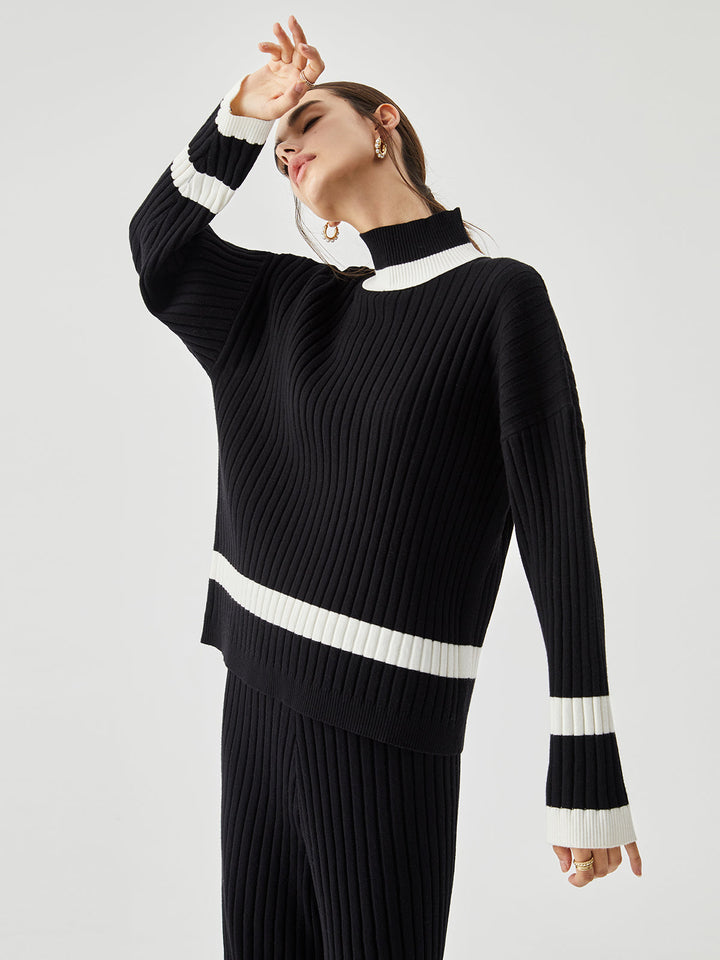 Ribbed Knit Contrast Trendy Trim Mock Neck Kazak