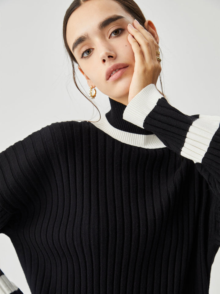 Ribbed Knit Contrast Trendy Trim Mock Neck Kazak