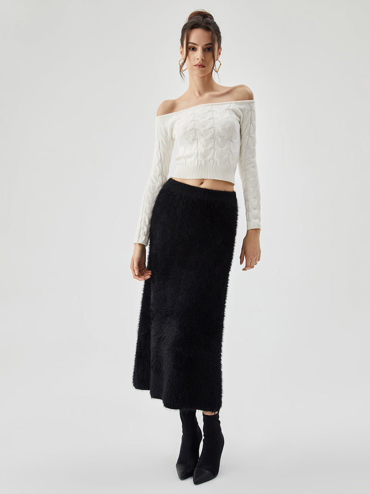 Off Shoulder Long Trendy Sleeve Cable Crop Kazak