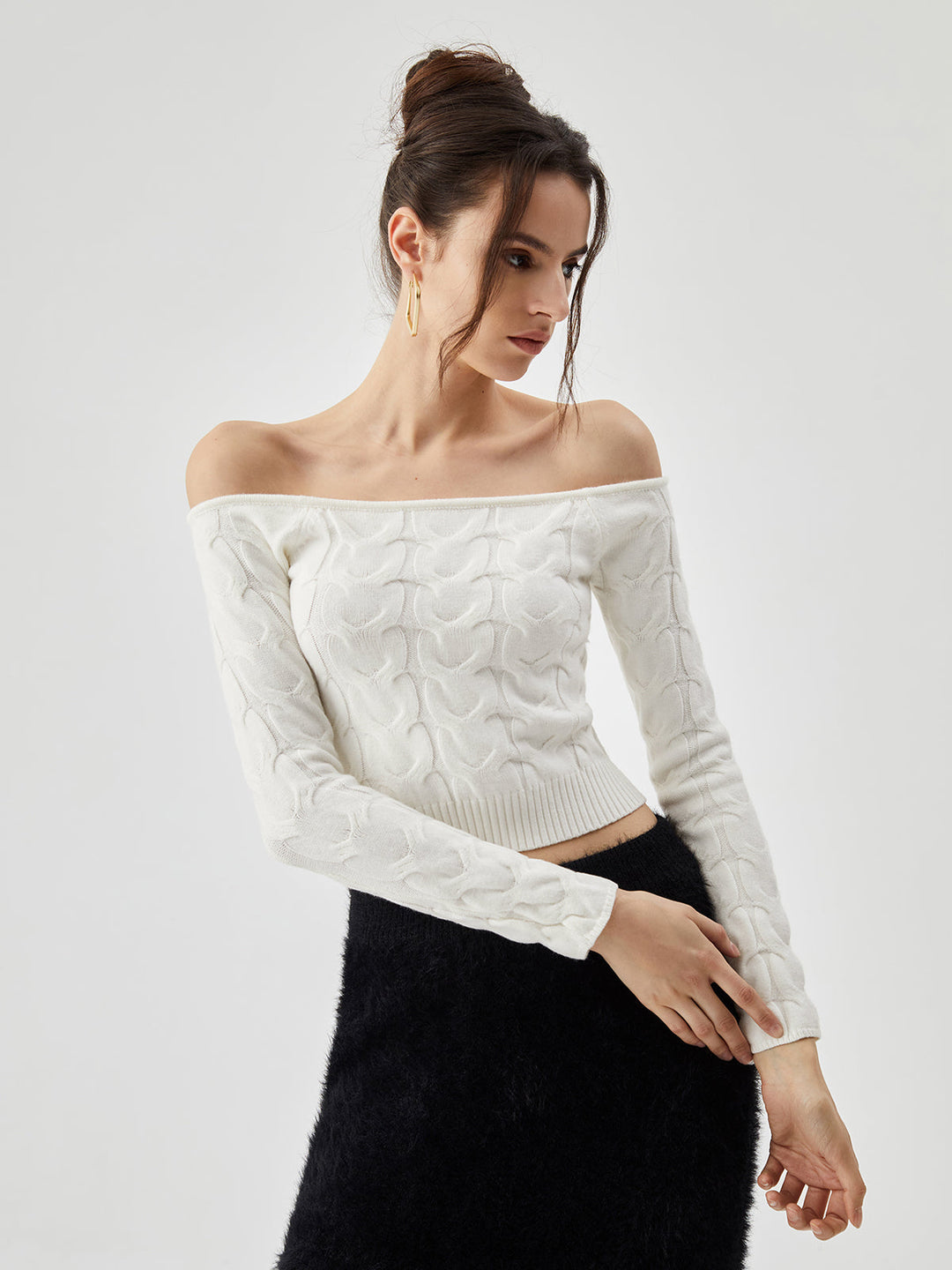 Off Shoulder Long Trendy Sleeve Cable Crop Kazak