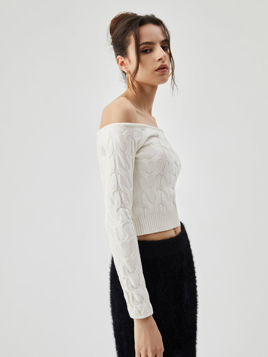 Off Shoulder Long Trendy Sleeve Cable Crop Kazak