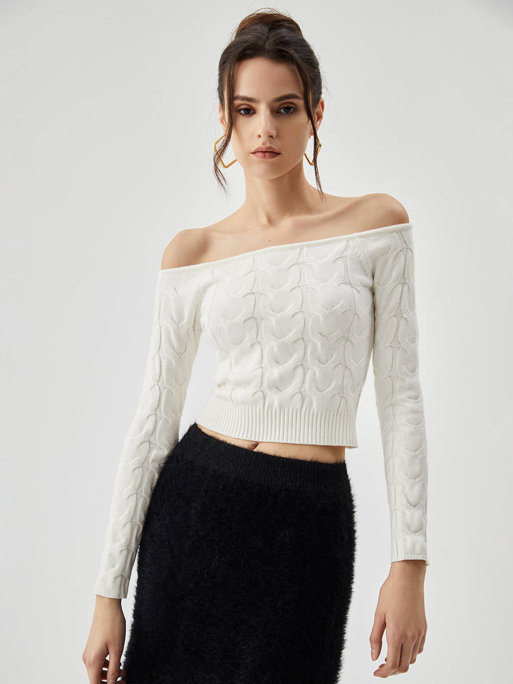 Off Shoulder Long Trendy Sleeve Cable Crop Kazak