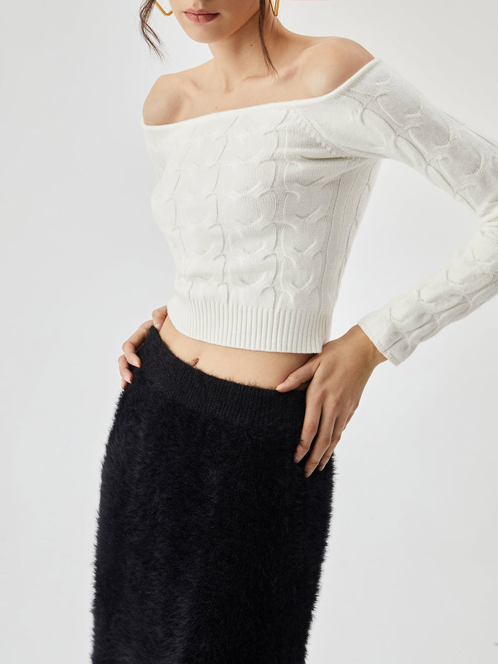 Off Shoulder Long Trendy Sleeve Cable Crop Kazak