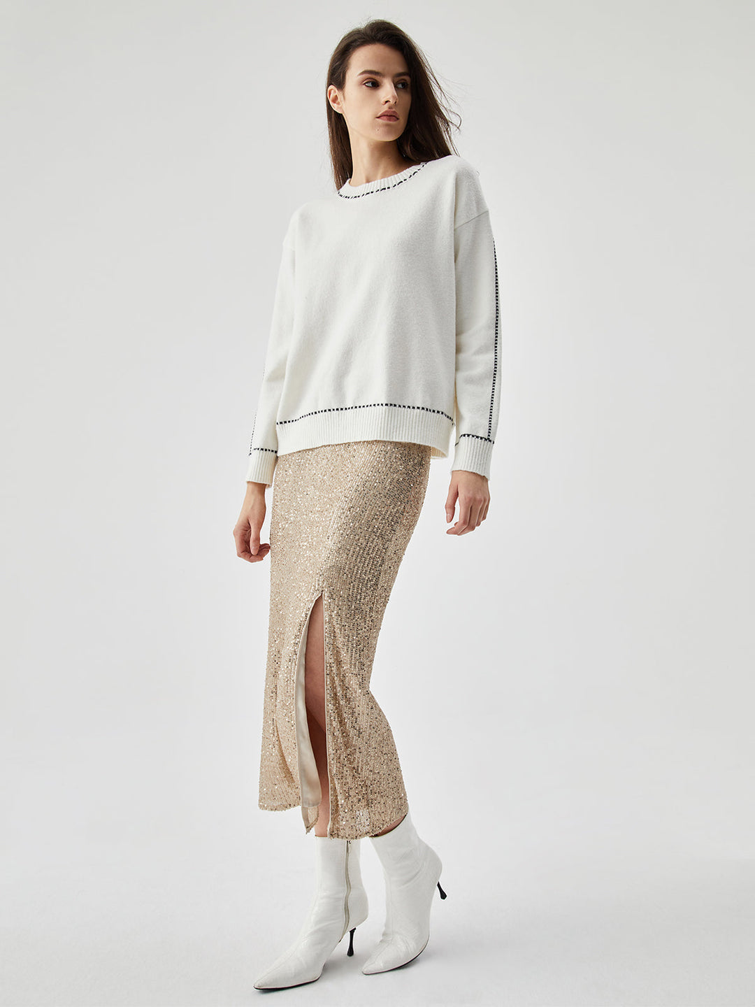 Knit Contrast Trim Trendy Crew Neck Kazak