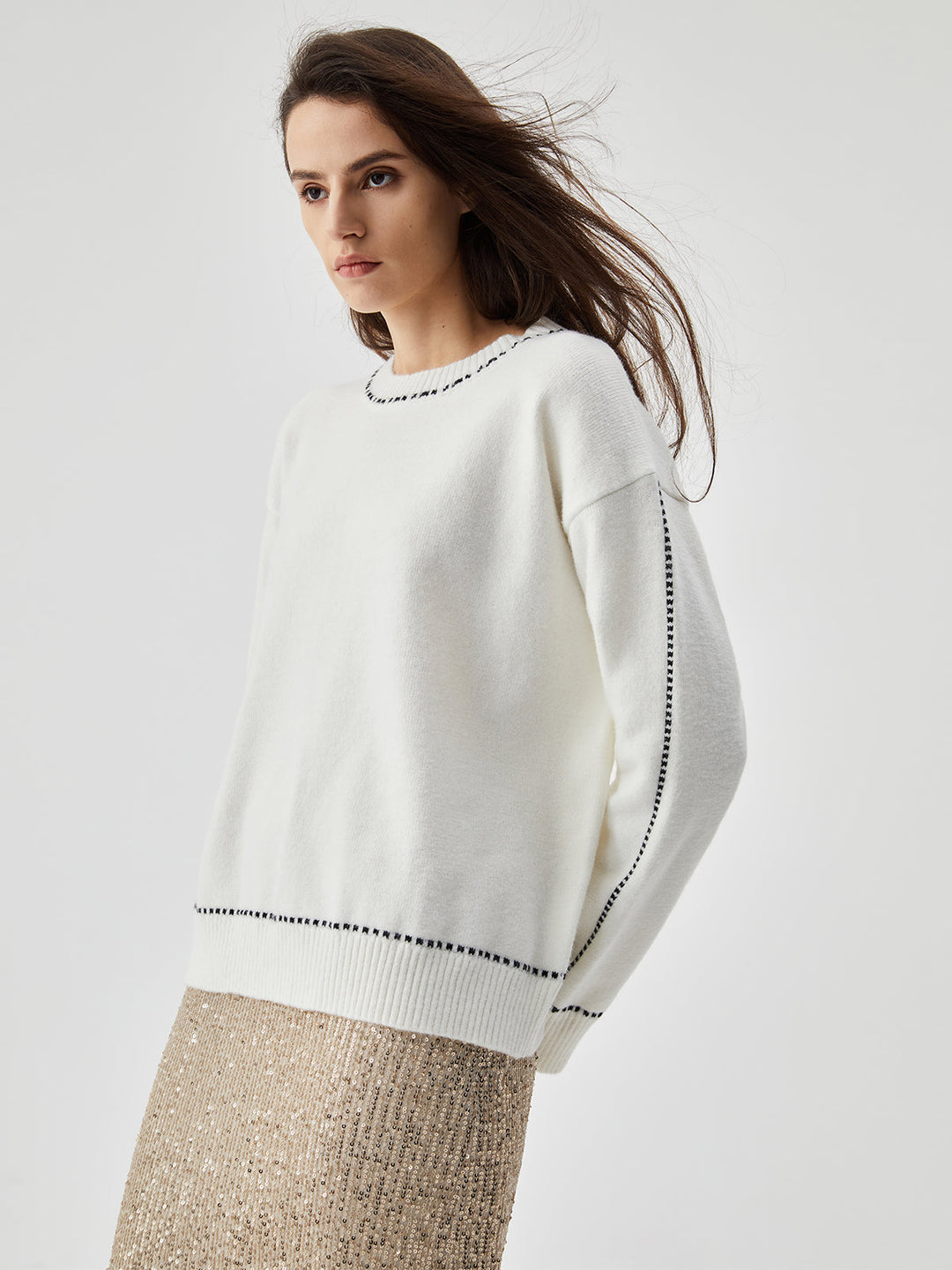 Knit Contrast Trim Trendy Crew Neck Kazak