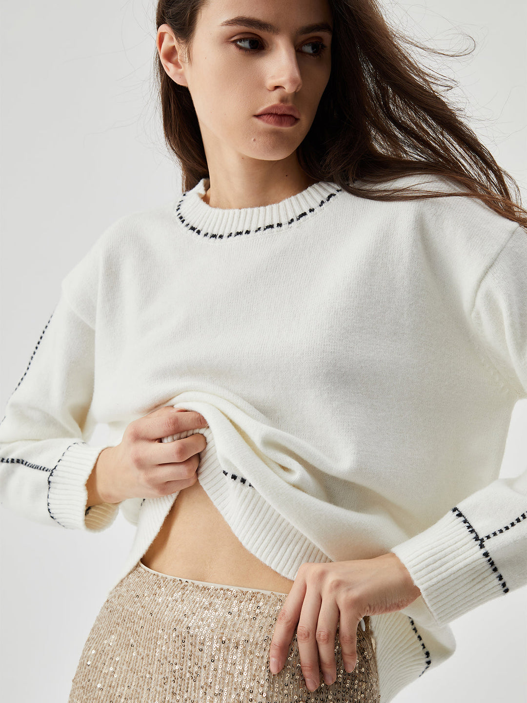 Knit Contrast Trim Trendy Crew Neck Kazak