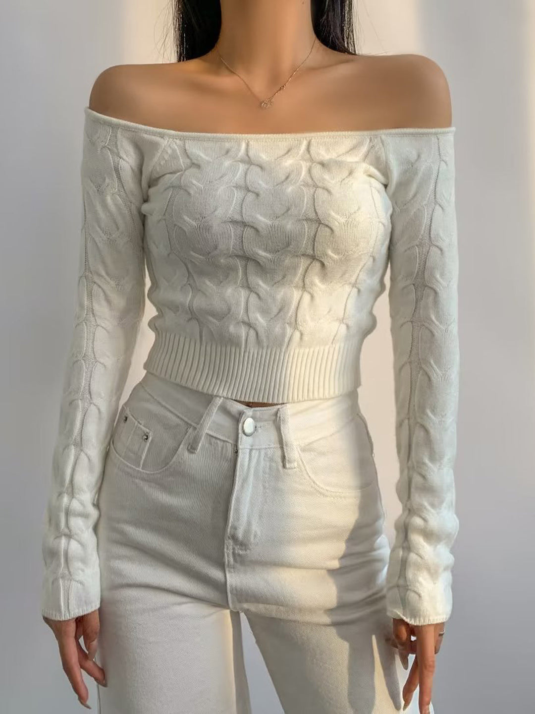 Off Shoulder Long Trendy Sleeve Cable Crop Kazak