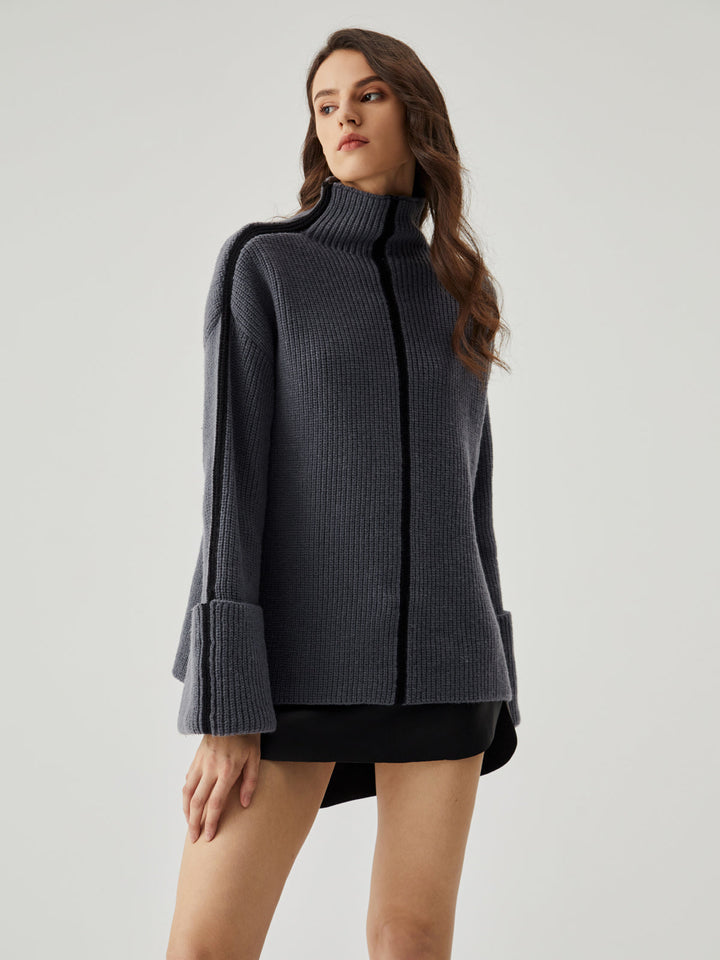 Contrast Trim Mock Trendy Neck Ribbed Knit Kazak