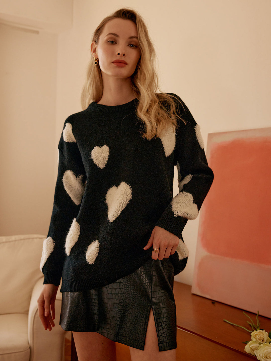 Knit Heart Pattern Trendy Crew Neck Kazak