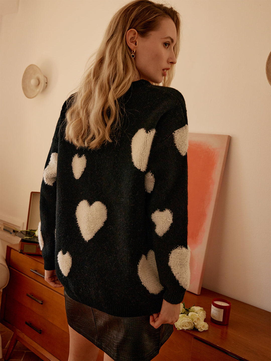 Knit Heart Pattern Trendy Crew Neck Kazak