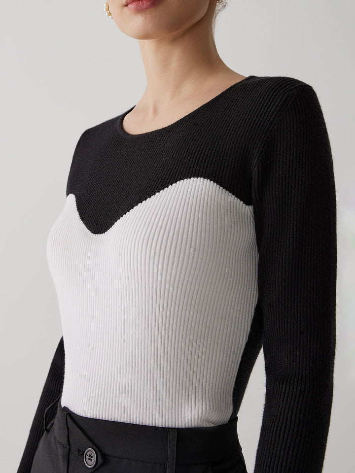 Patchwork Contrast Graceful Crew Neck Kazak