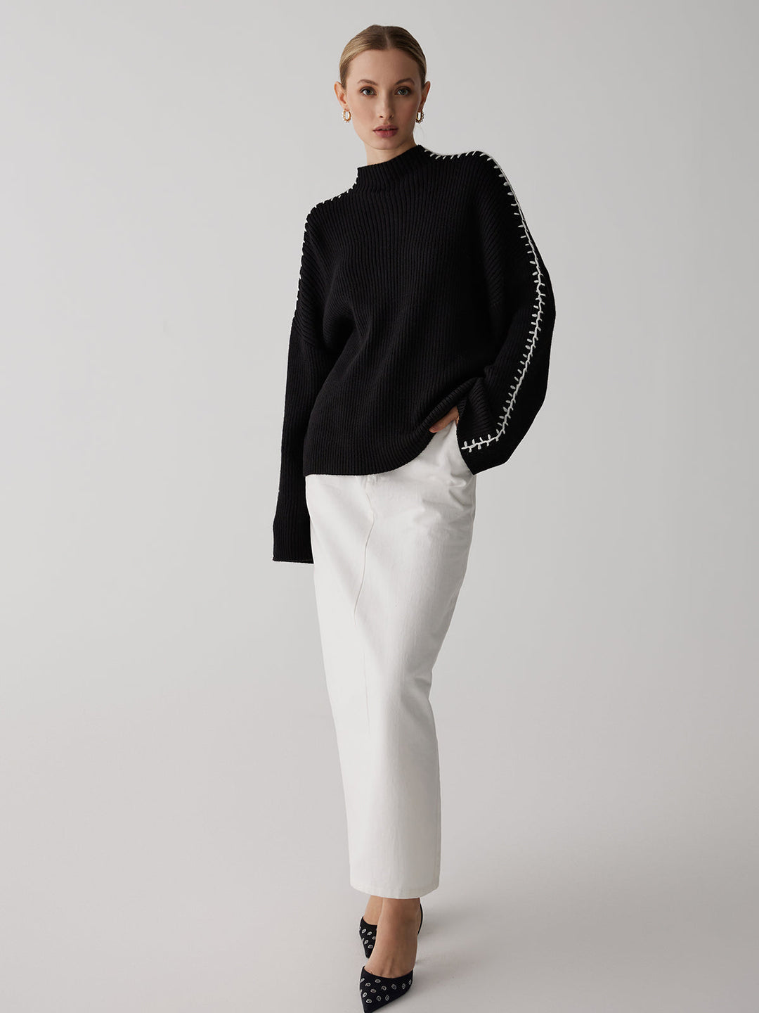 Mock Neck Graceful Contrast Knit Kazak